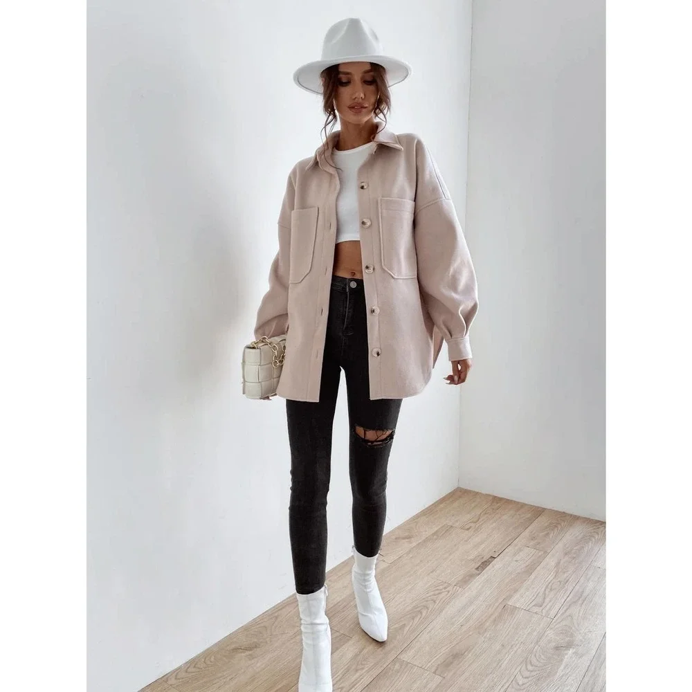 Drop Shoulder Pocket boyfriend shacket oversized jacket Coat cream tan - Picture 7 of 8